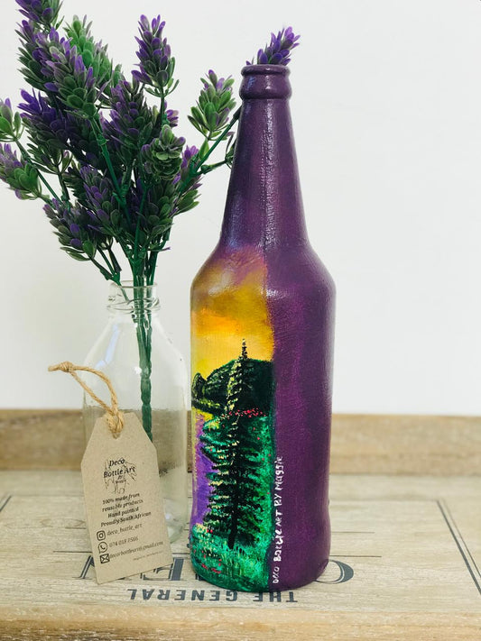AUBERGINE FOREST : Sunset Landscape Hand-Painted Bottle | Mountain River Scene | Upcycled Decor Vase