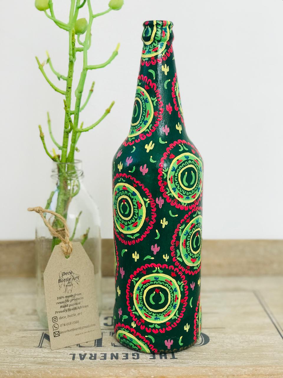 JALAPENO Fiesta Hand-Painted Bottle | 360° Folk Pattern Art | Upcycled Decor Vase