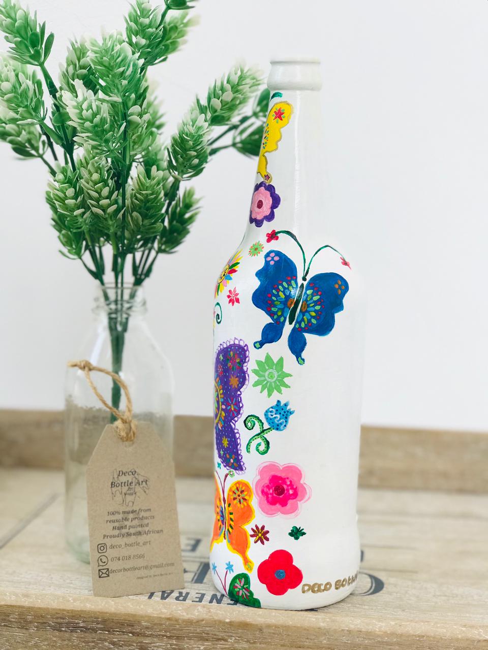 FRUSTRATION Folk Art Hand-Painted Bottle | Butterfly & Floral Design | Upcycled Decor Vase
