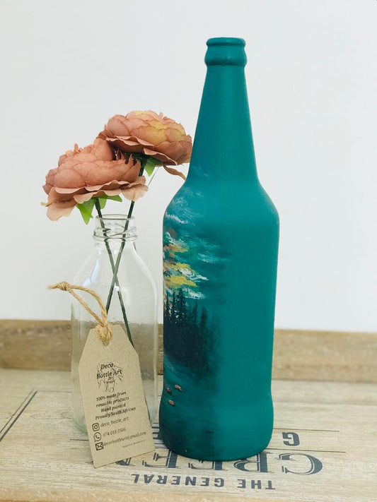 WINNEBAGO : Sunset Forest Lake Hand-Painted Bottle | Teal Landscape Art | Upcycled Decor Vase