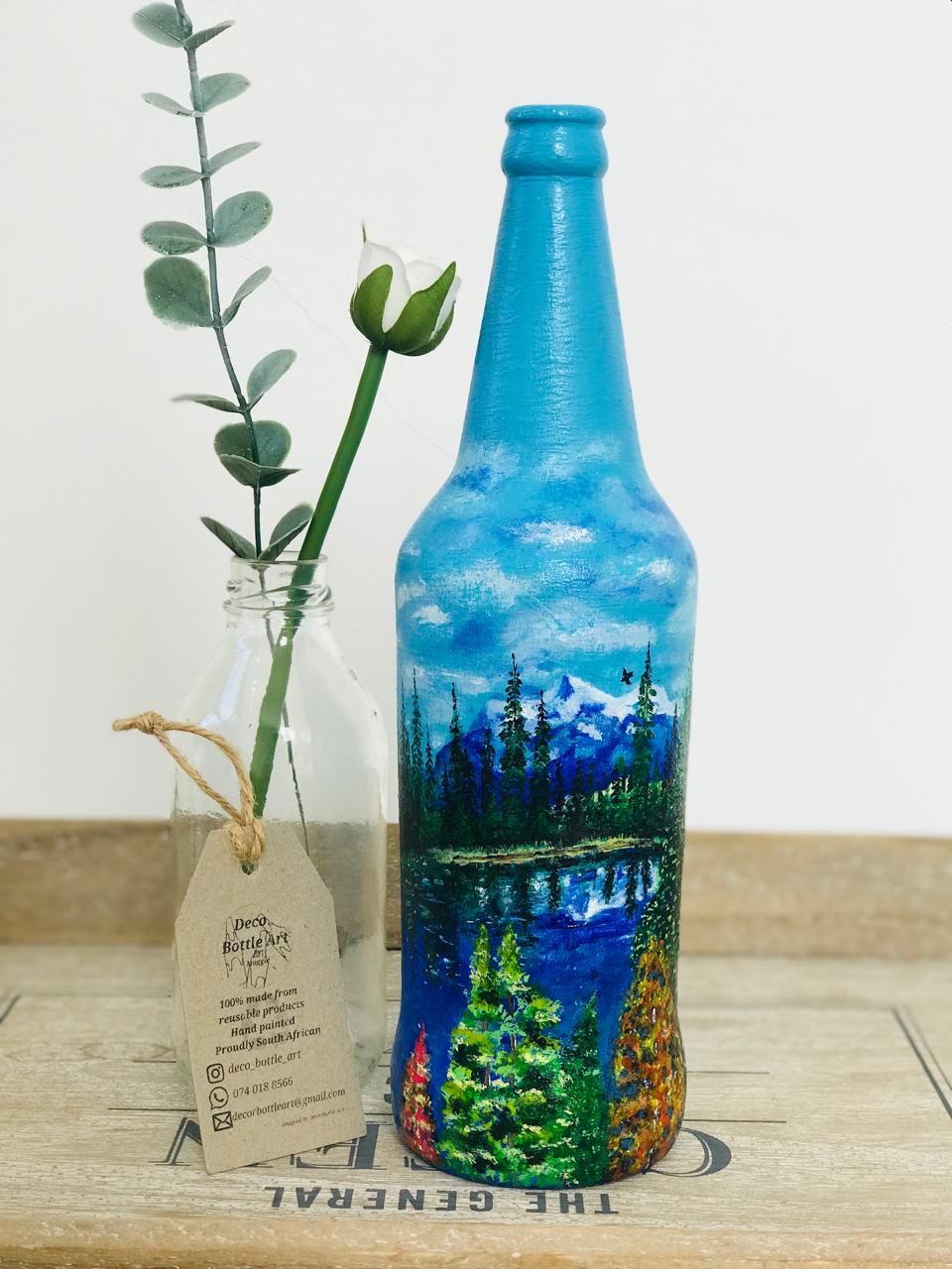 YELLOW  STONE : Mountain Lake Reflection Hand-Painted Bottle | Alpine Landscape Art | Up-cycled Decor Vase