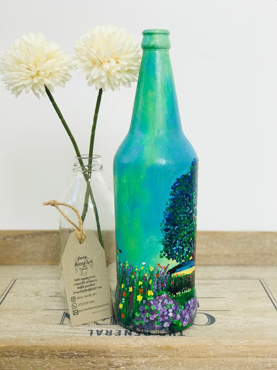 SUNSET O' DOT : Sunset Meadow Landscape Hand-Painted Bottle | 360° Nature Scene | Upcycled Decor Vase