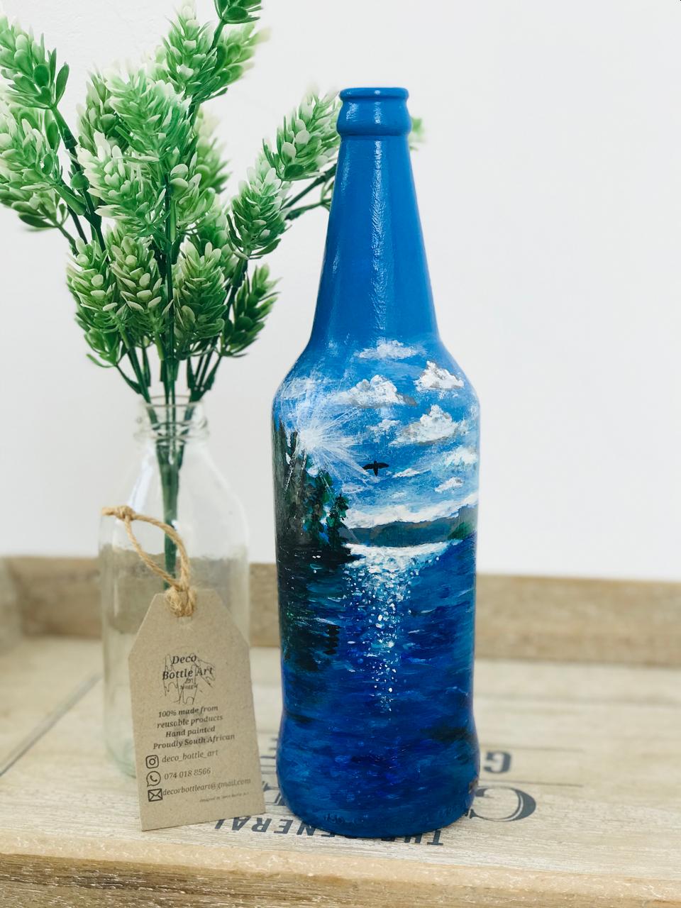 ABSTRACT SEA Hand-Painted Bottle | Coastal Landscape Art | Upcycled Decor Vase