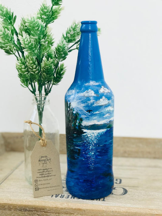 ABSTRACT SEA Hand-Painted Bottle | Coastal Landscape Art | Upcycled Decor Vase
