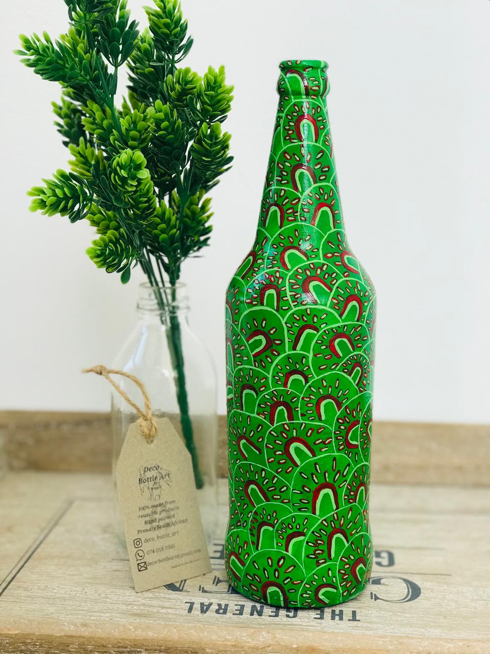 AVOCADO : Pattern Hand-Painted Bottle | 360° Green Geometric Art | Upcycled Decor Vase
