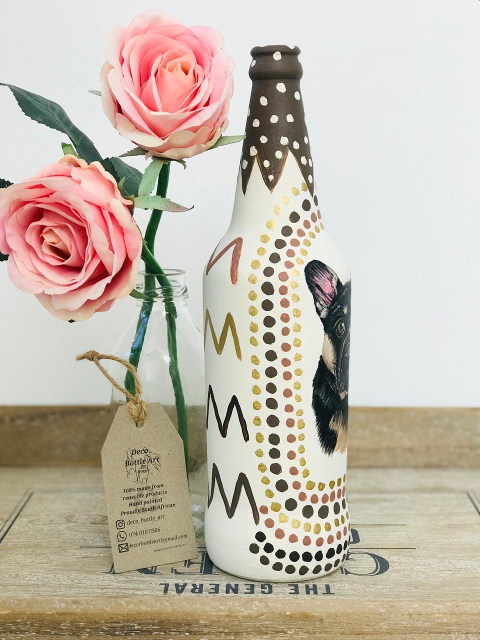 THE MAN : French Bulldog Tribal Pattern Hand-Painted Bottle | 360° Pet Portrait | Upcycled Home Decor