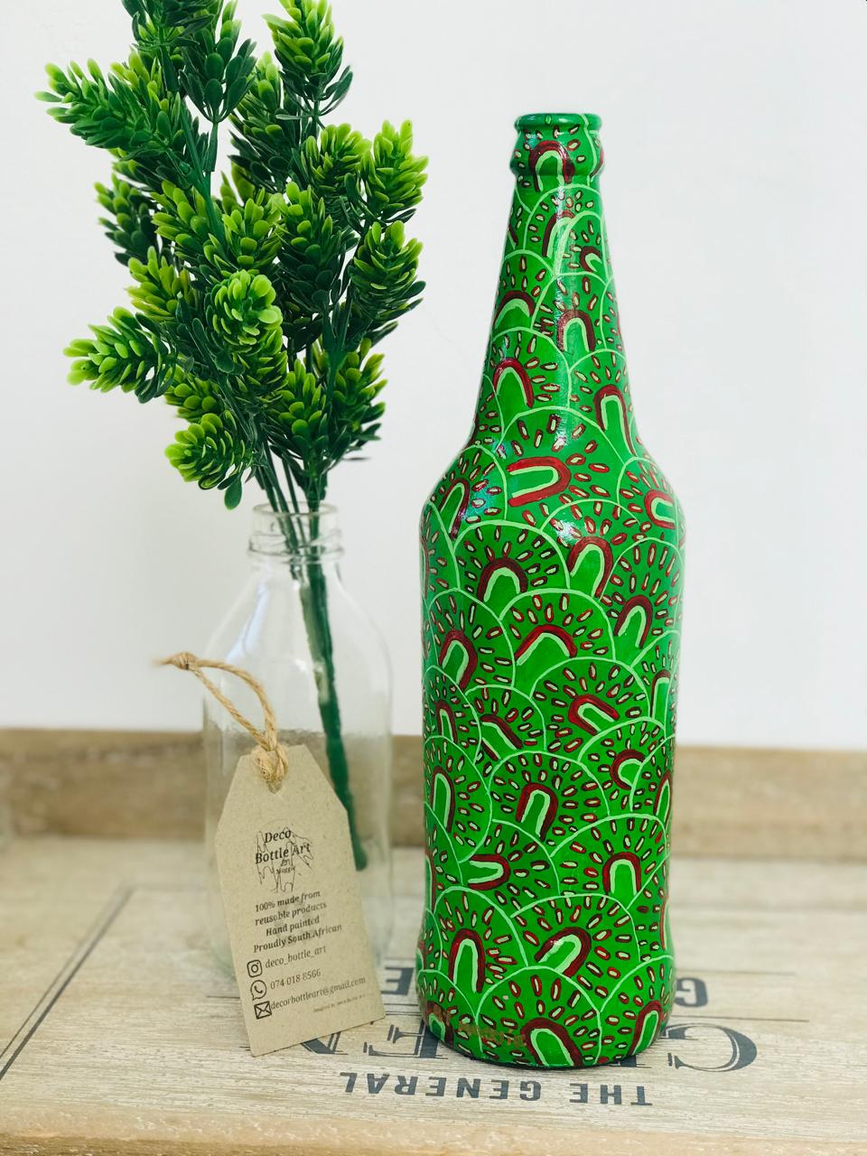 AVOCADO : Pattern Hand-Painted Bottle | 360° Green Geometric Art | Upcycled Decor Vase